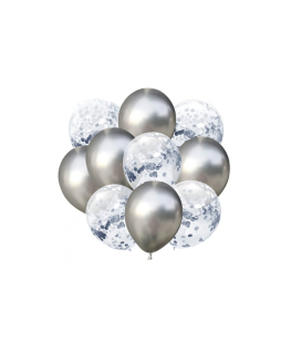 Balony lateksowe zestaw 10 szt srebrne z confetti